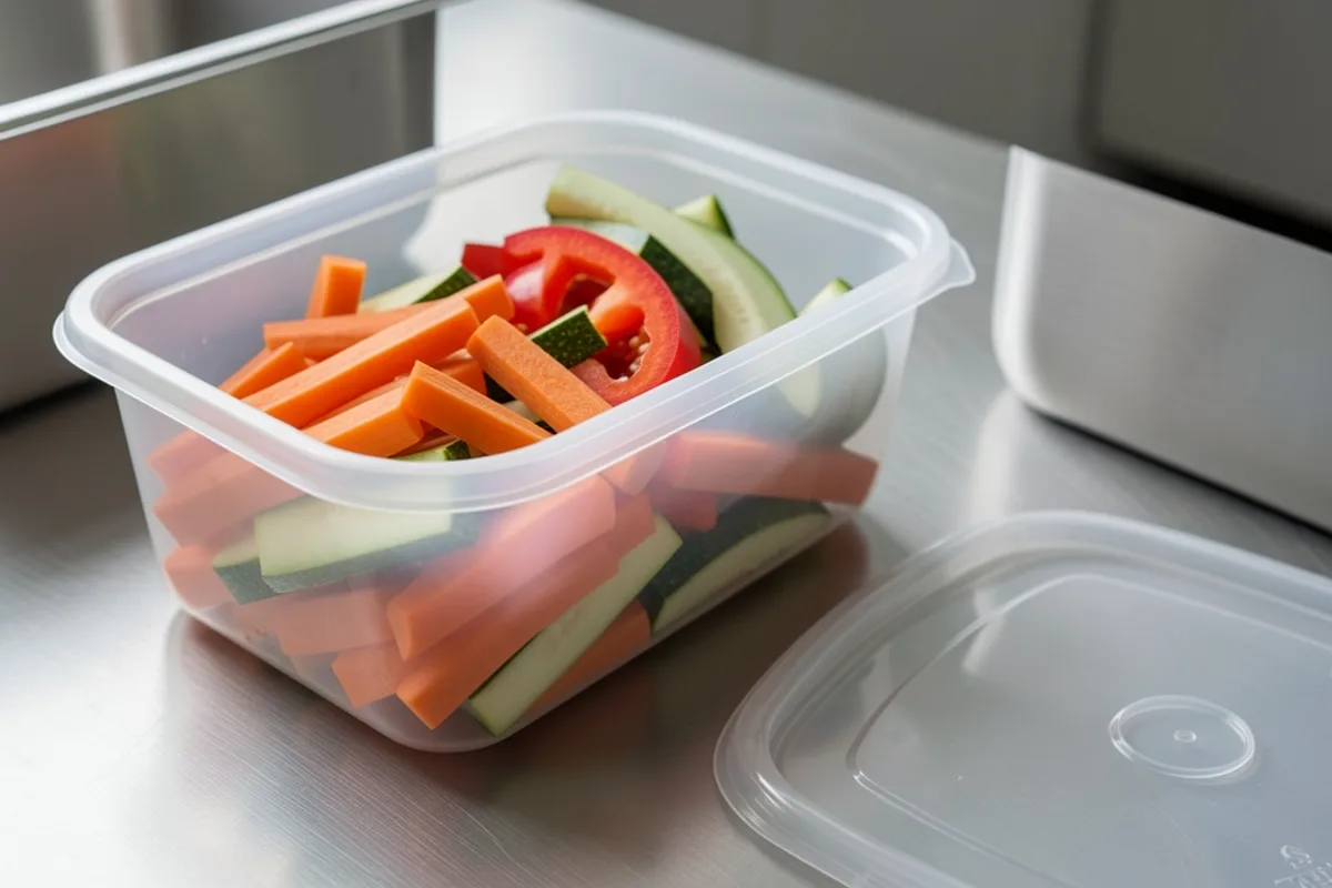Bac GN en polycarbonate transparent rempli de légumes taillés, couvercle posé à côté