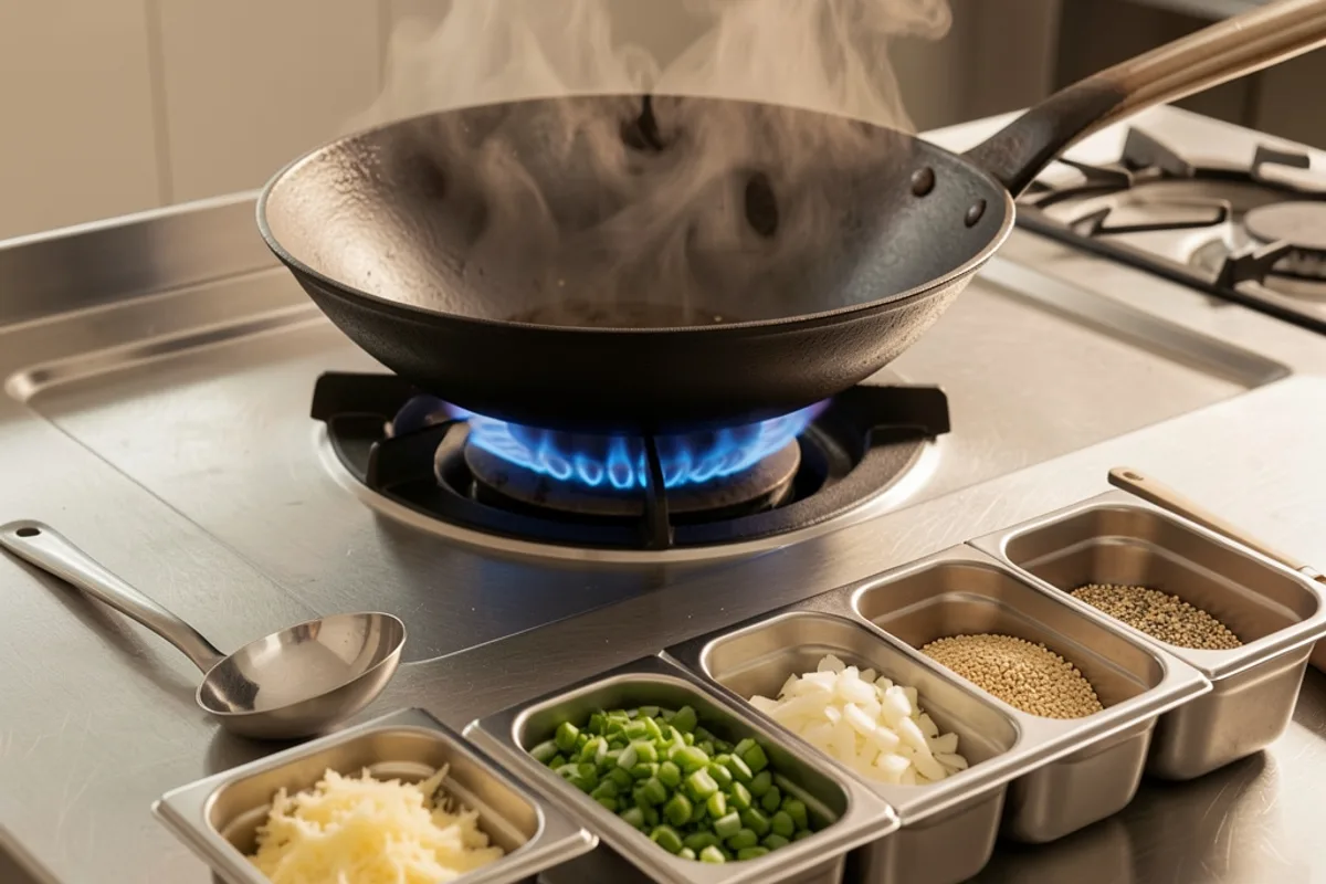 Poste wok en inox avec une rangée de bacs GN 1/6 de garnitures alignés devant le brûleur