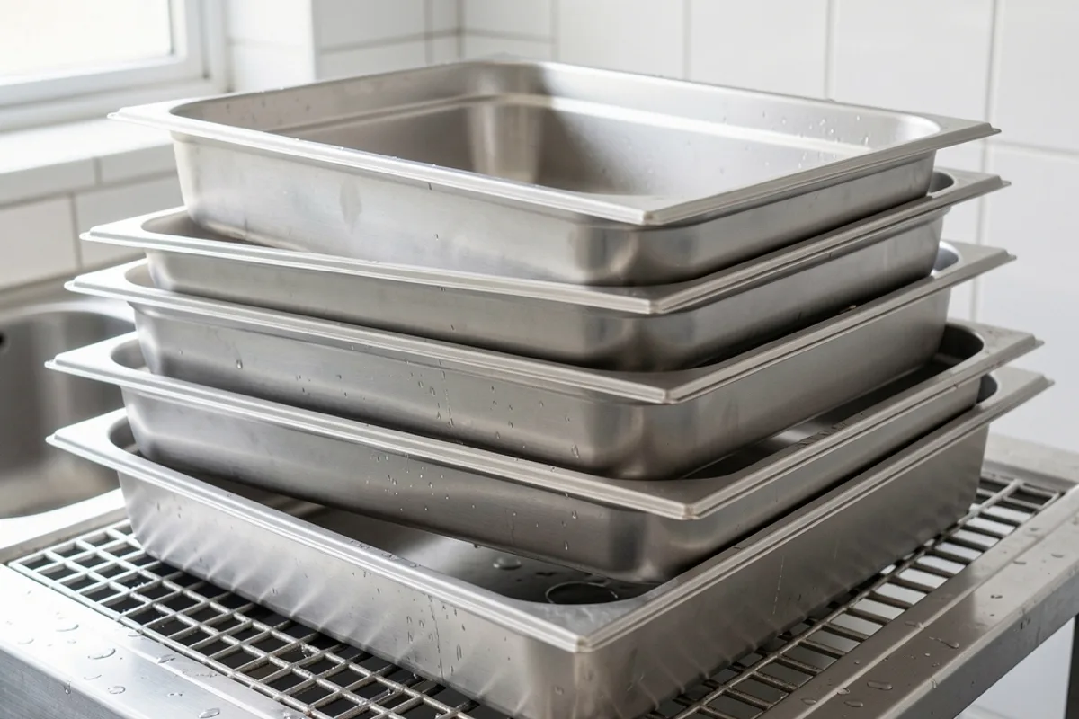 Pile de bacs GN en inox retournés qui sèchent sur un égouttoir de plonge