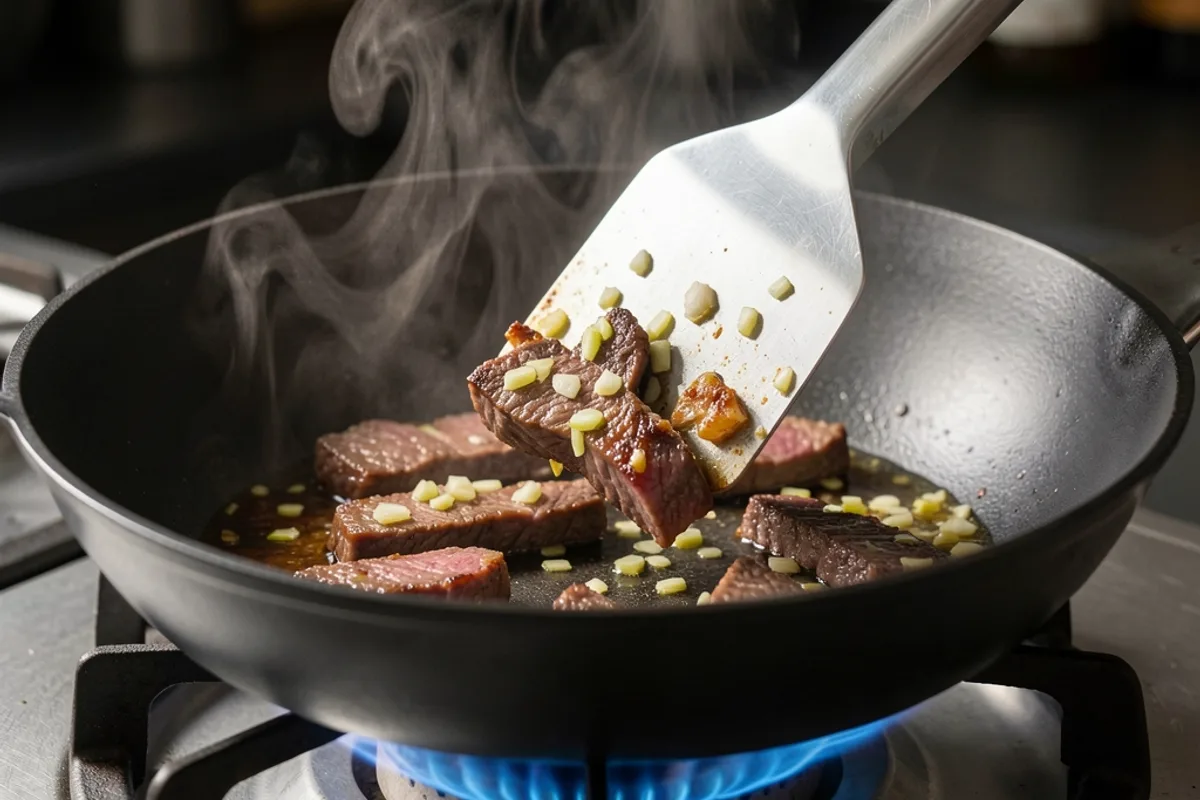 Lanières de bœuf mariné à la citronnelle qui saisissent dans un wok noir brûlant