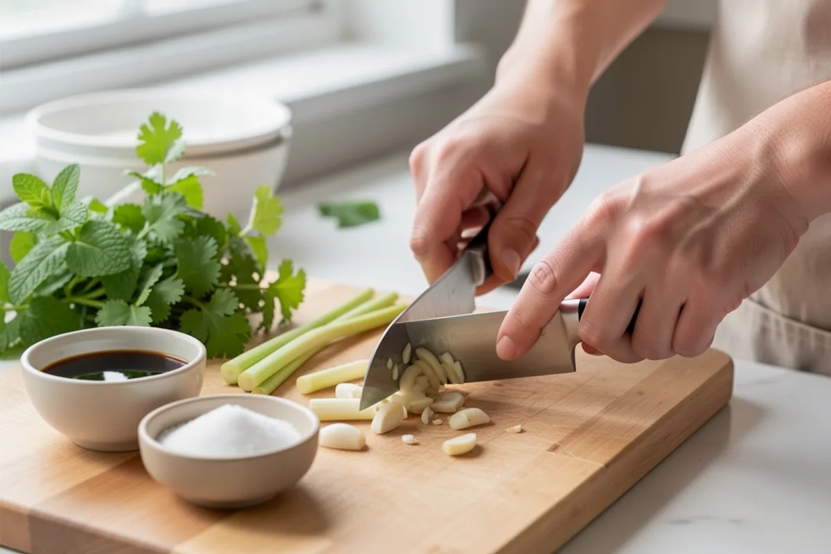 Mains qui hachent citronnelle et ail sur une planche en bois près d’un bol de sauce soja