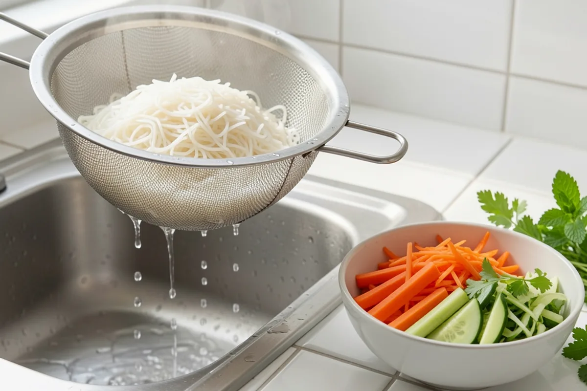 Vermicelles de riz égouttés dans une passoire inox au-dessus d’un évier