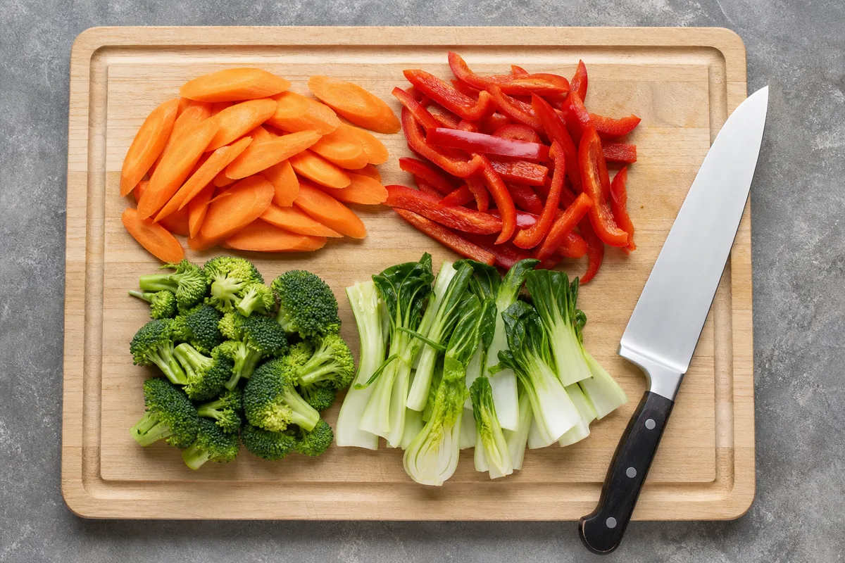 Légumes taillés en biseau et en lanières régulières sur une planche en bois