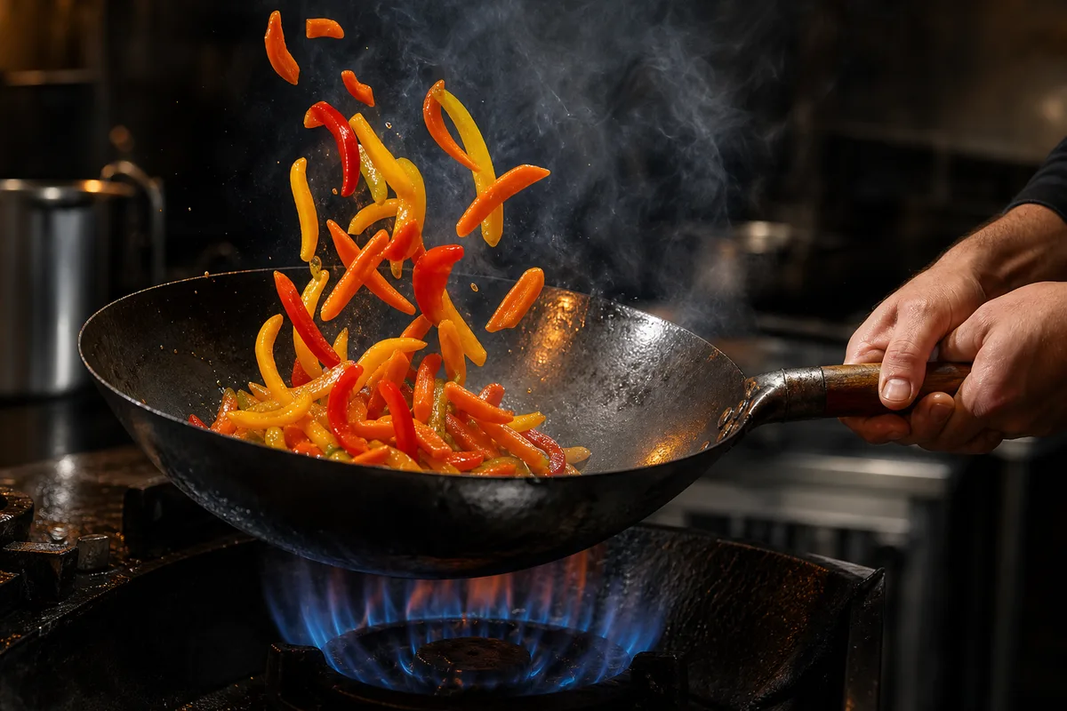 Wok en acier carbone très chaud avec des lanières de poivron et de carotte en plein saut