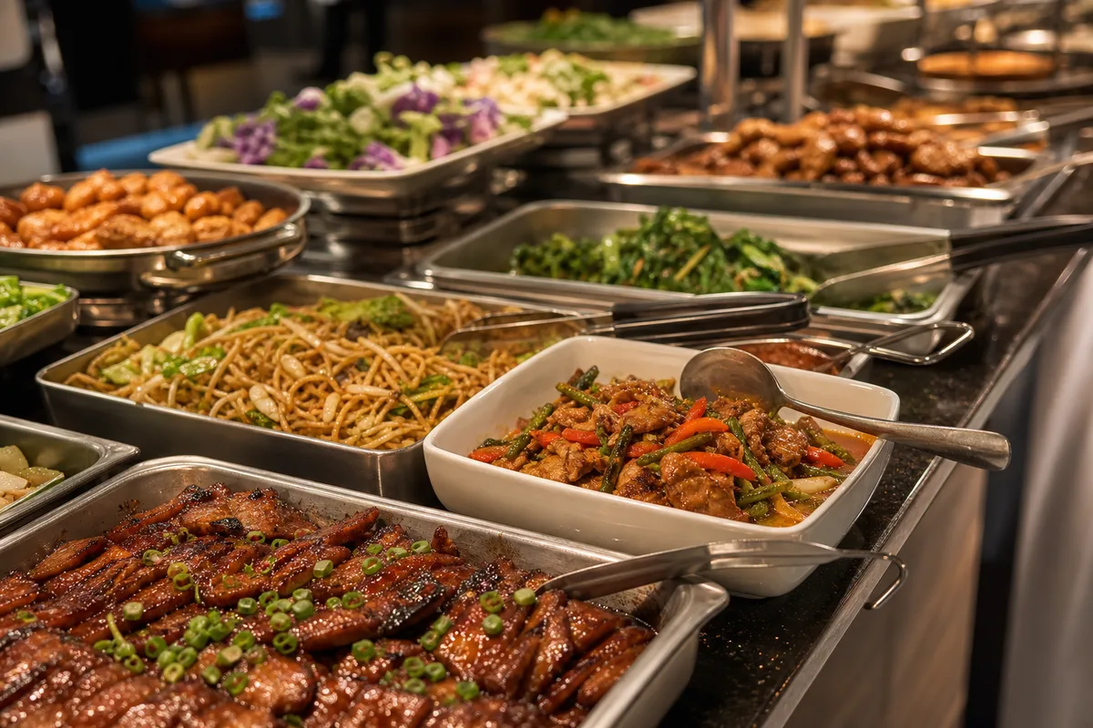 Buffet asiatique garni de plats variés dans un restaurant