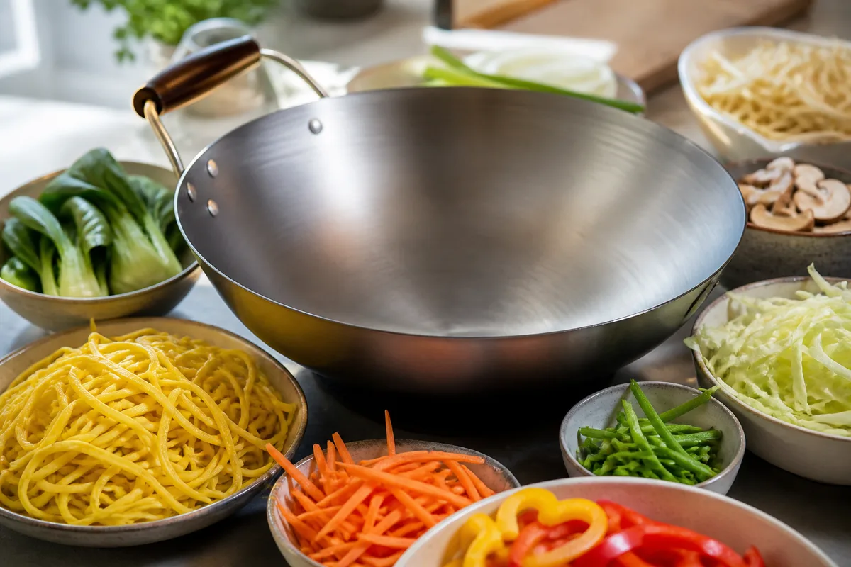 Nouilles aux œufs fraîches et légumes taillés disposés autour d&rsquo;un wok en acier
