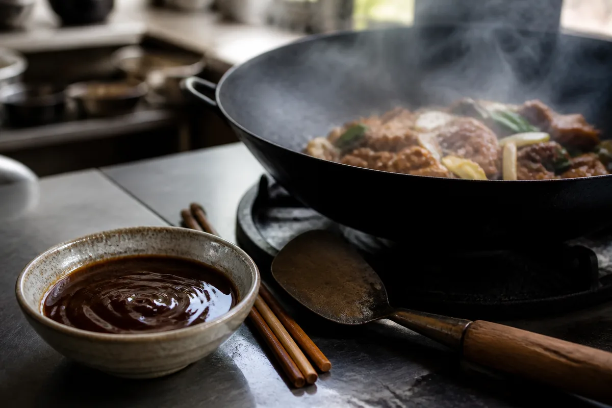 Bol de sauce brune, baguettes et spatule posés près d&rsquo;un wok fumant