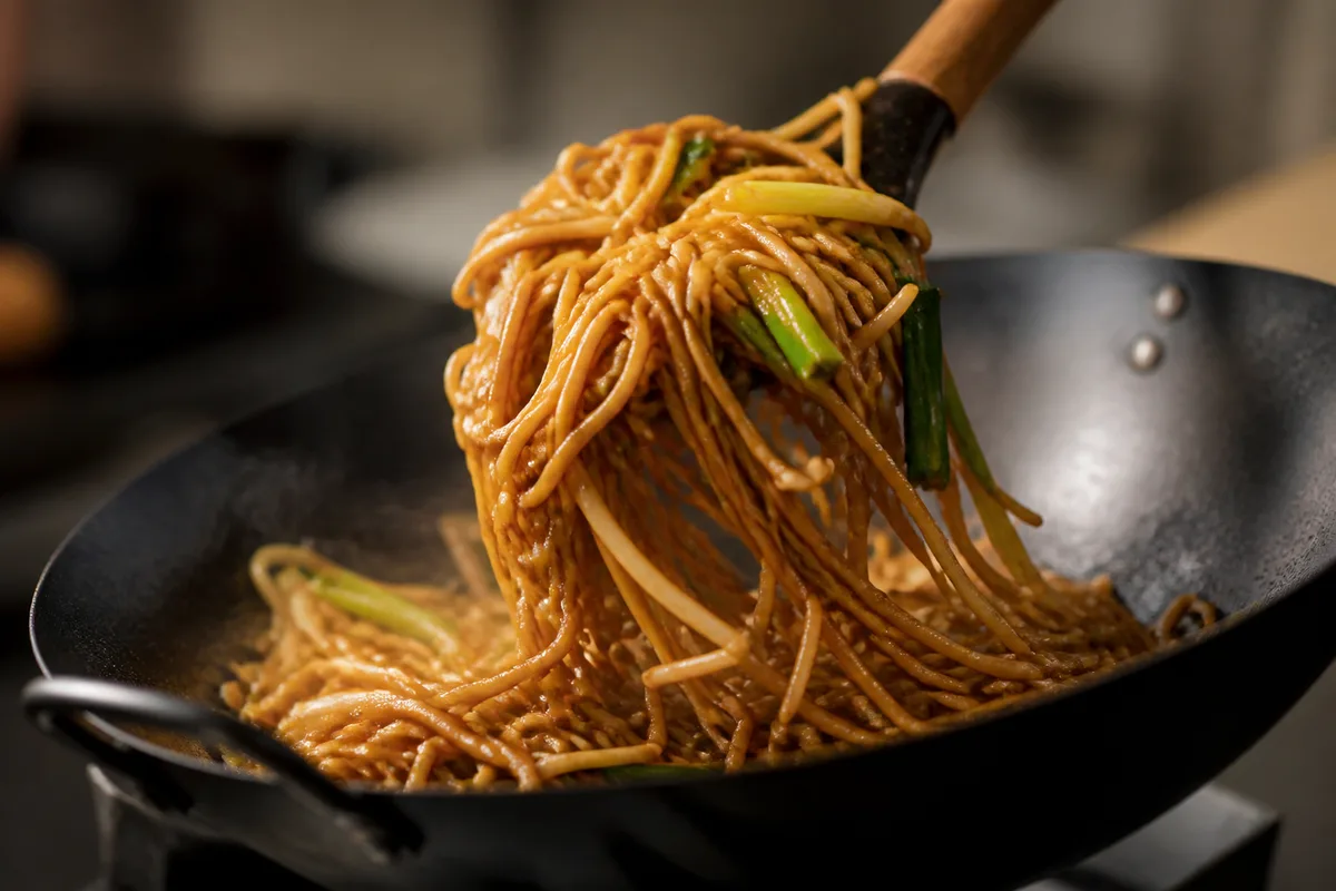 Nouilles sautées dorées retournées à la spatule dans un wok noir