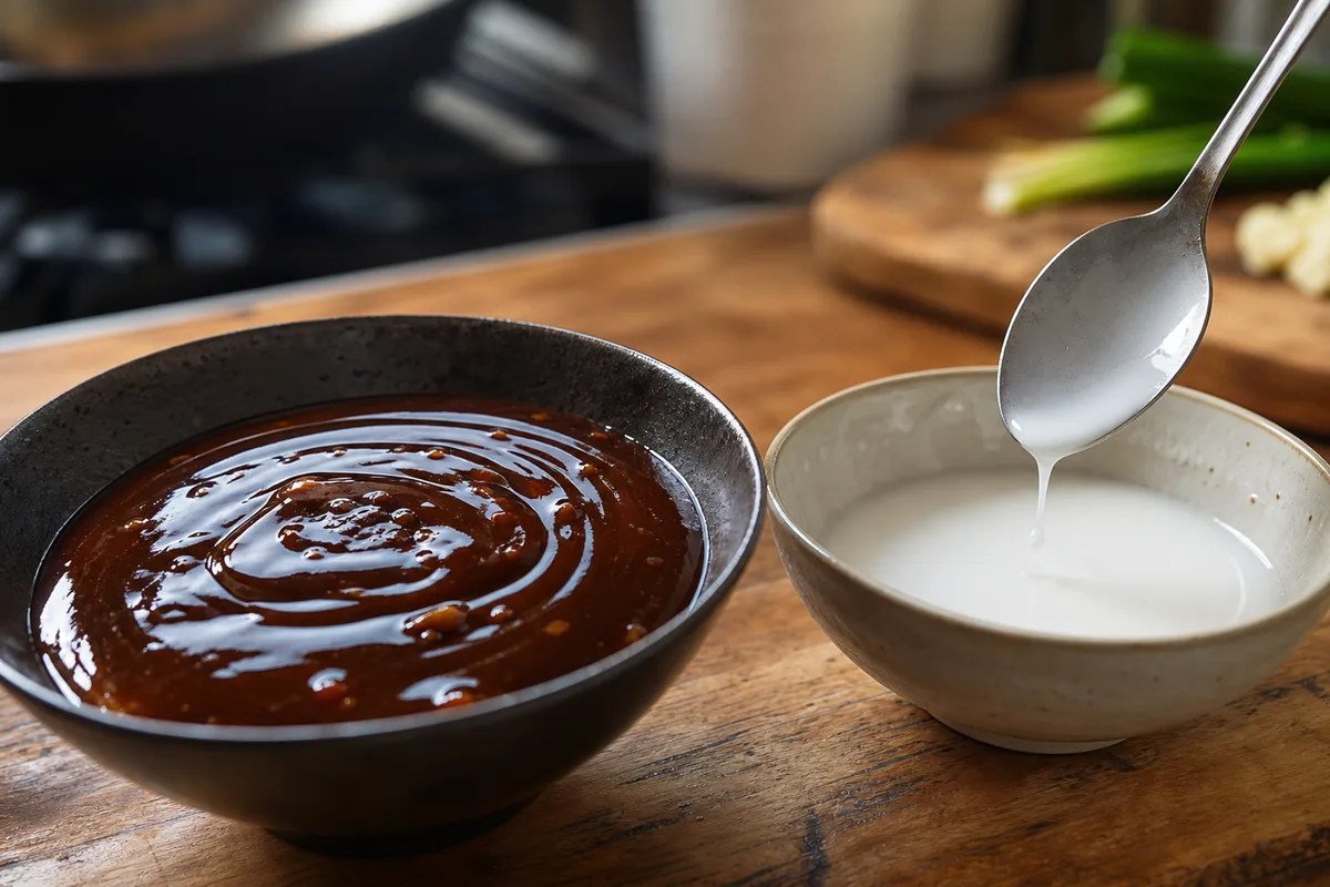 Bol de sauce brillante pour wok et petit bol de fécule délayée sur un plan de travail