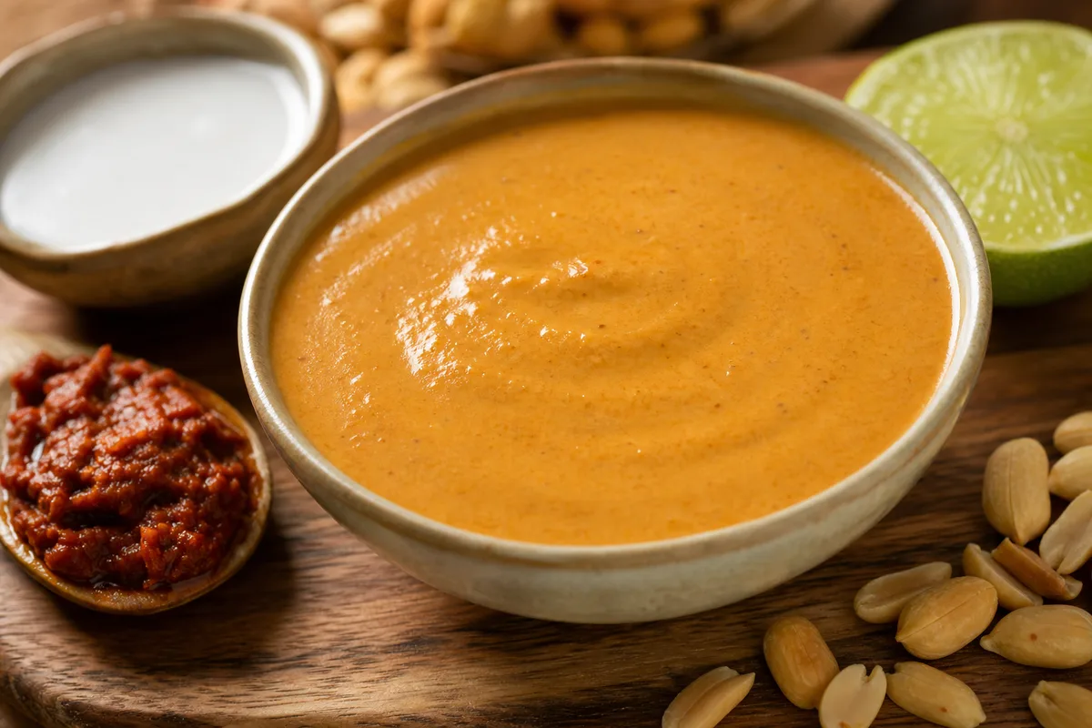 Bol de sauce satay aux cacahuètes avec cacahuètes, lait de coco et citron vert autour