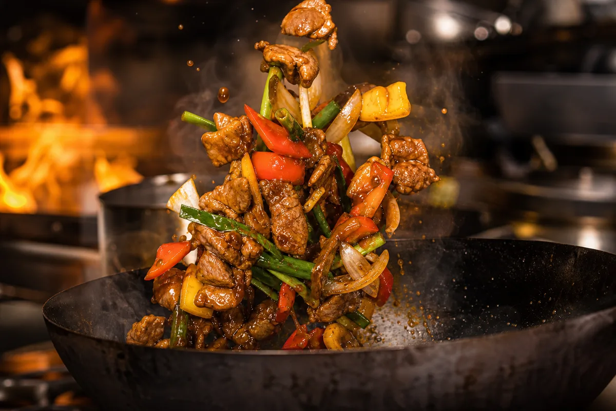 Sauté brillant en train d’être sauté dans un wok en acier très chaud avec de la vapeur