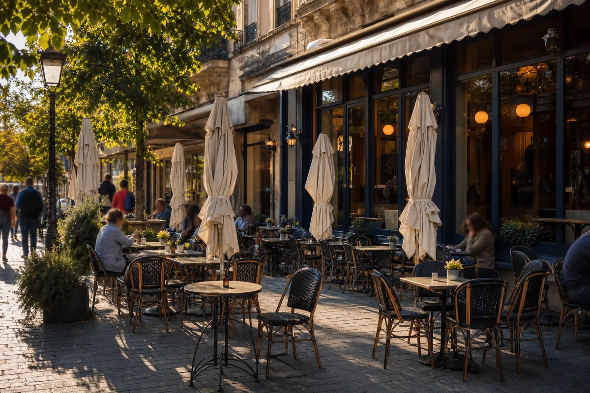 Terrasse de restaurant équipée de guéridons ronds sous le soleil