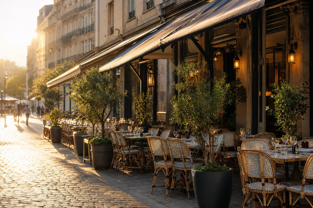 Terrasse de café animée bordant une rue pavée de centre-ville